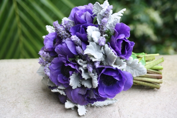 vintage purple bouquet with anemones and lavender